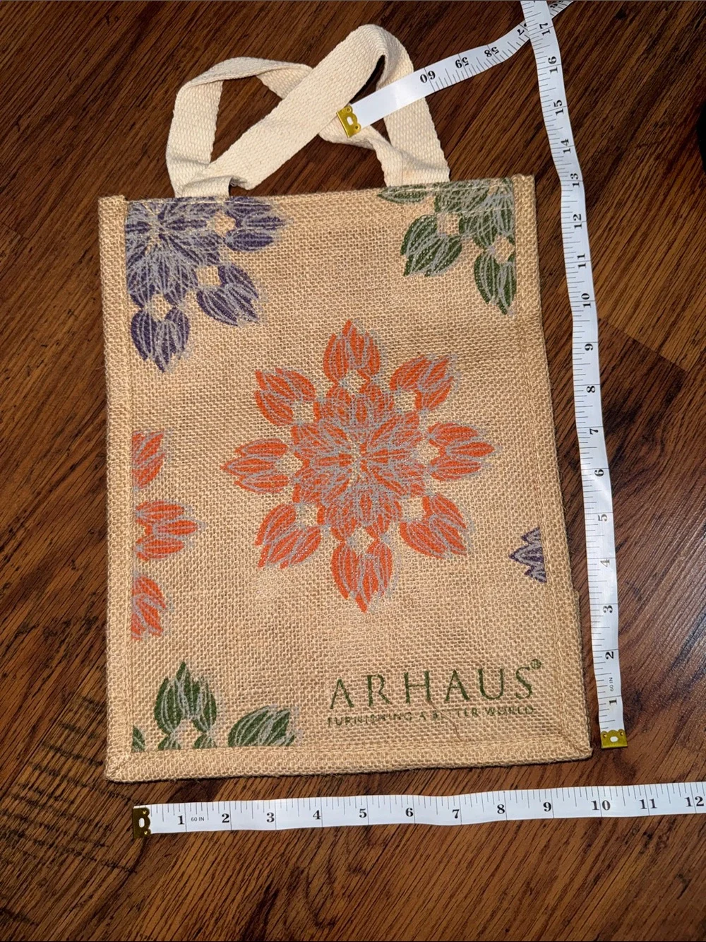 Natural Jute Tote Bag with Orange Floral Design 38.B3